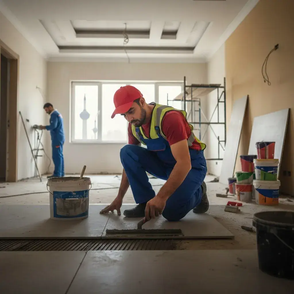 معلم سيراميك باكستاني في الكويت شغال على تشطيب صالة بيت وتركيب كاشي أرضيات كبير وبورسلان بدقة ممتازة